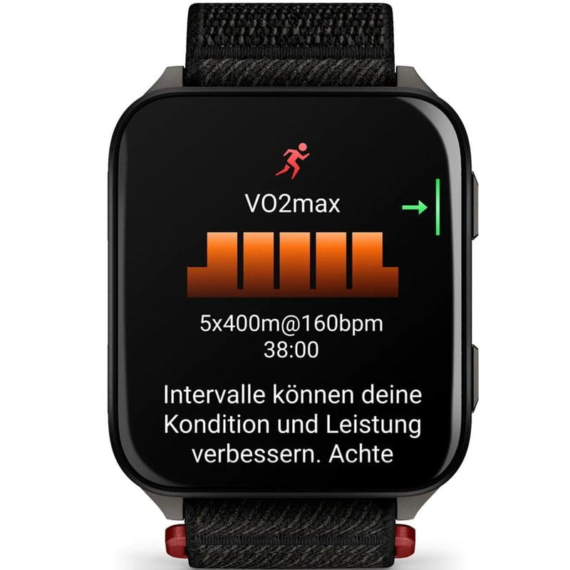 Garmin Venu X1 caja de titanio gris con correa de nailon ComfortFit negra; pantalla rectangular AMOLED mostrando VO2max e intervalos de entrenamiento