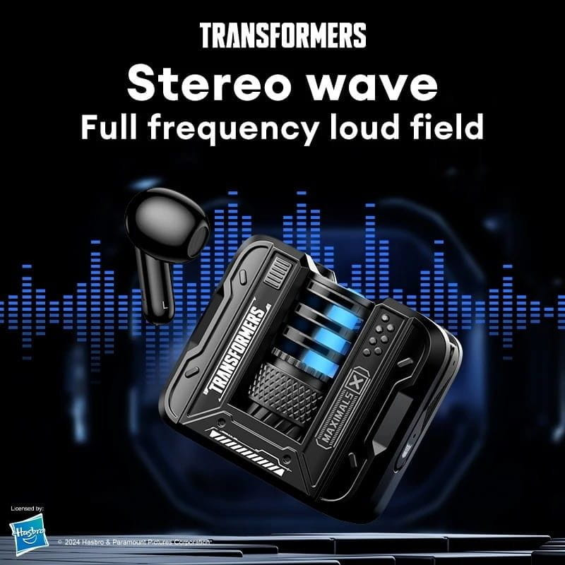 Transformers TF-T71 Creme: fone intra-auricular preto com estojo futurista, LEDs azuis e design robusto; som estéreo de ampla frequência e graves potentes.