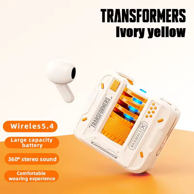 Transformers TF-T71 Creme: estojo branco e creme com detalhes laranja, fone único tipo earbud, som 360°, Bluetooth 5.4, design compacto e futurista.