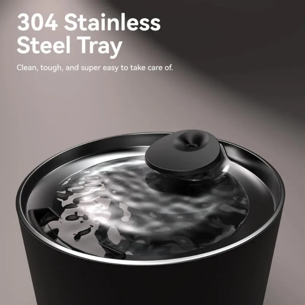 Bandeja de acero inoxidable 304 con superficie ondulante y boquilla superior negra; diseño resistente, fácil de limpiar para el bebedero automático CATLINK