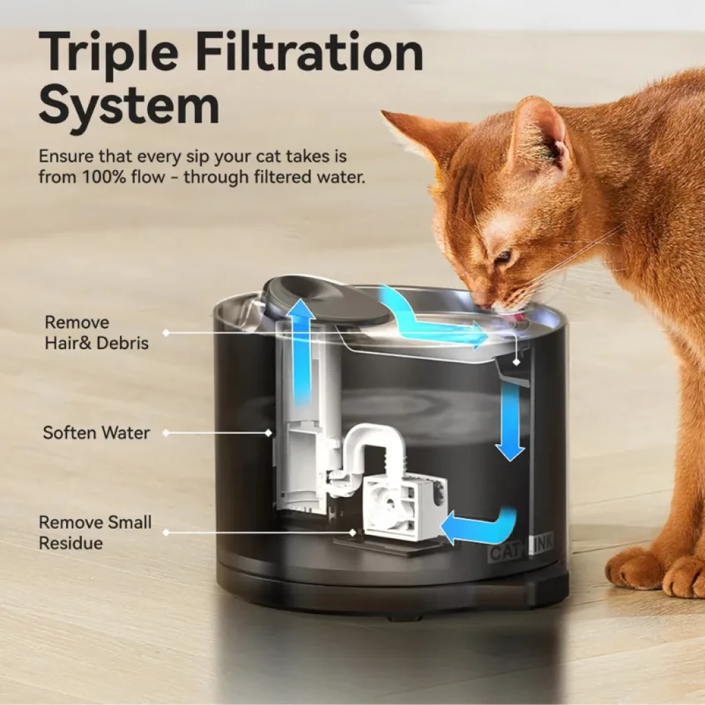 Bebedero automático CATLINK AI Water Fountain Pure 2 Lite negro con sistema de triple filtración, tapa superior plateada y gato bebiendo agua en flujo