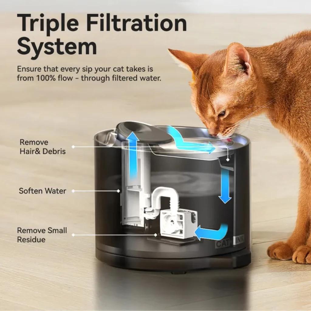 Bebedero automático CATLINK AI Water Fountain Pure 2 Lite negro con sistema de triple filtración, tapa superior plateada y gato bebiendo agua en flujo