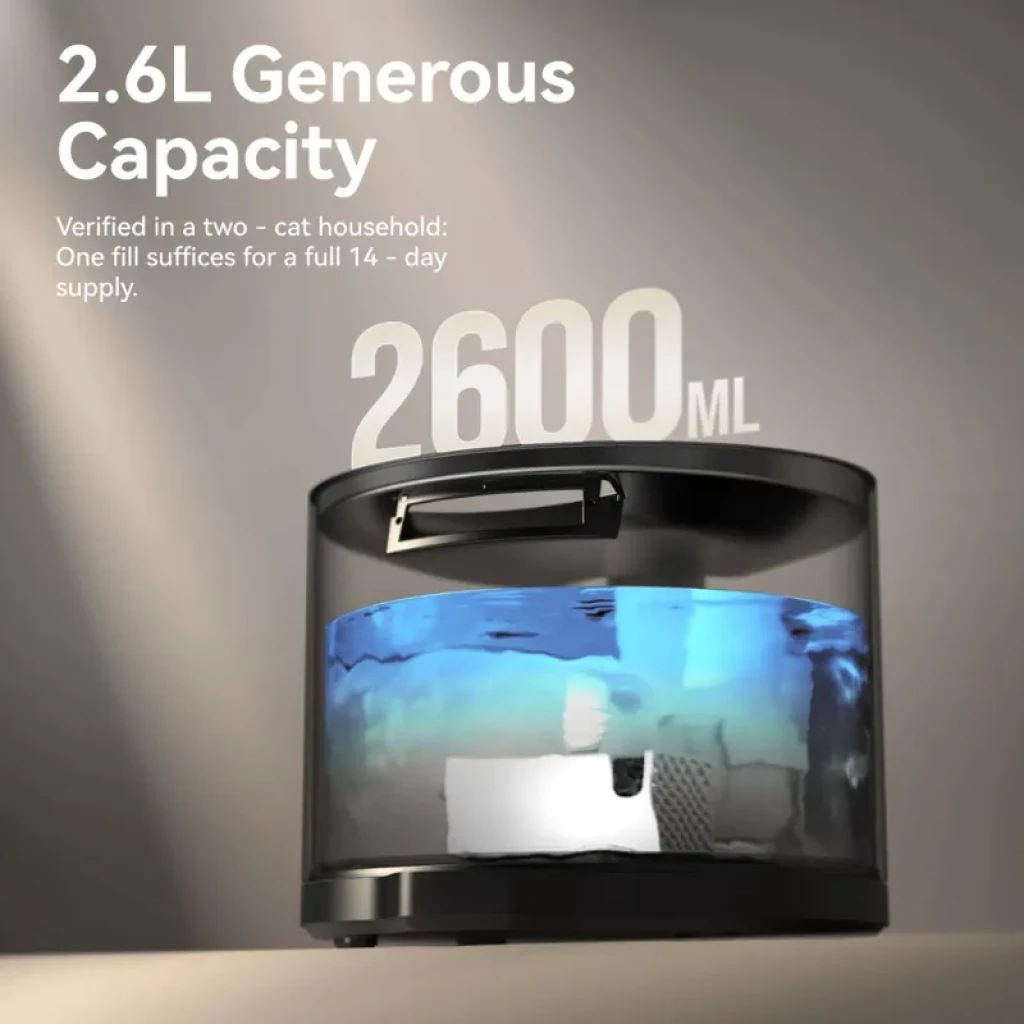 CATLINK AI Water Fountain Pure 2 Lite, bebedero negro de 2.6 L con tanque transparente, luz azul interna, filtro visible y diseño compacto para mascotas