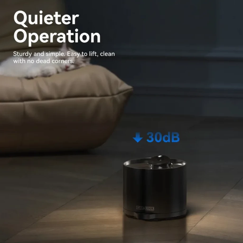 CATLINK AI Water Fountain Pure 2 Lite, bebedero automático negro mate, compacto y silencioso 30 dB, diseño cilíndrico con surtidor superior y luz tenue