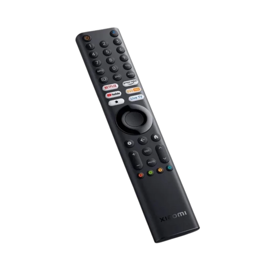 Télécommande Xiaomi 43 A PRO 2026 noire, compacte, nombreuses touches dédiées Netflix Prime Video YouTube, pavé directionnel central, design ergonomique