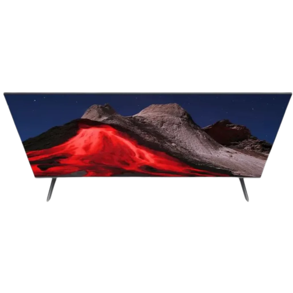 Xiaomi 43 A PRO 2026 4K UHD QLED Google TV HDR avec écran fin sans bords, pieds métalliques écartés et image volcan rouge vif sous ciel nocturne