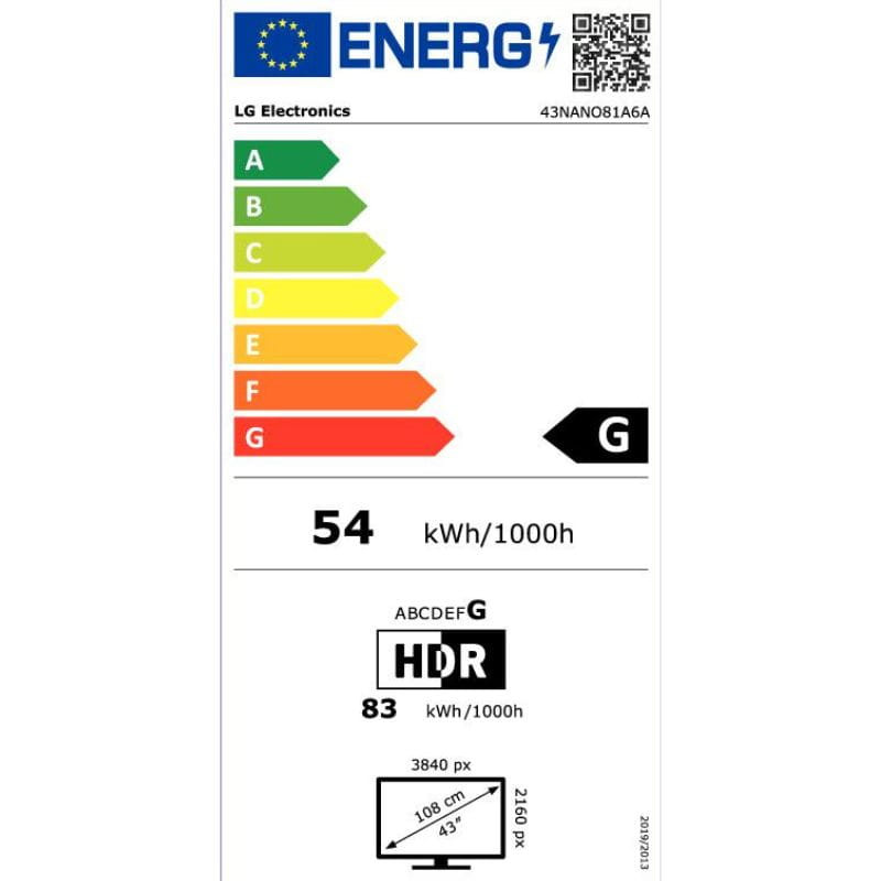 LG AI 43NANO81A6A 43 4K Ultra HD NanoCell Smart TV Negro, etiqueta energética