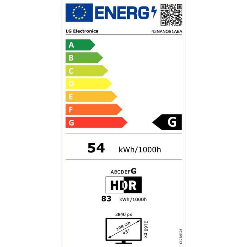 LG AI 43NANO81A6A 43 4K Ultra HD NanoCell Smart TV Negro, etiqueta energética