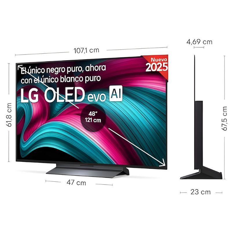 LG OLED48C54LA 48" 4K UHD OLED preto com painel fino, bordas mínimas, base central robusta e design elegante; destaque para OLED evo AI e espessura de 4,69 cm.