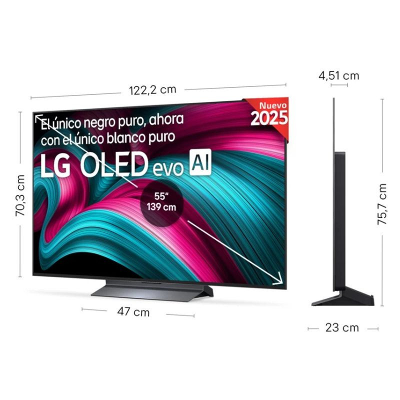 LG OLED55C54LA 55" 4K Ultra HD OLED Smart TV Preto, medidas do ecrã em cm, vista frontal e lateral