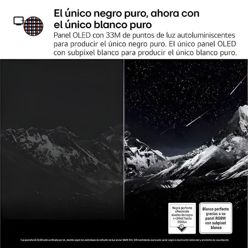 Bannière LG OLED55G54LW 55" Noir : contraste extrême, noir pur vs blanc pur, pixels auto‑émissifs, ciel étoilé et montagnes pour démonstration 4K UHD.