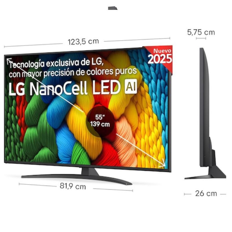 LG 55NANO81A6A 55" 4K Ultra HD NanoCell Smart TV Negro, vista frotal y lateral con las medidas en cm