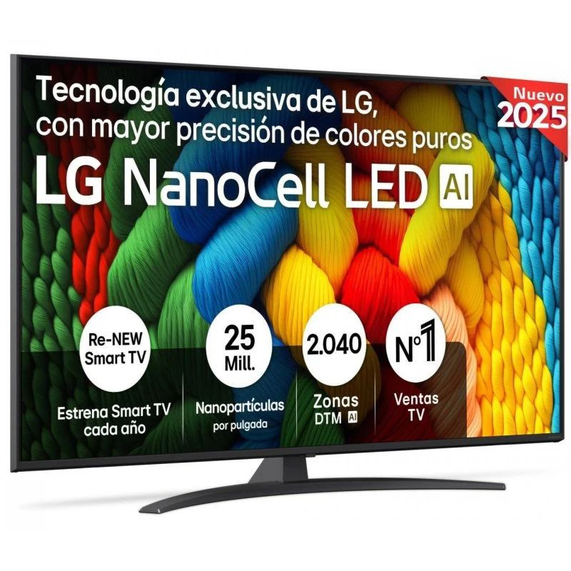 LG 55NANO81A6A 55" 4K NanoCell negro con biseles finos, panel LED, colores vivos y HDR; peana curva estable y diseño delgado para sala moderna.