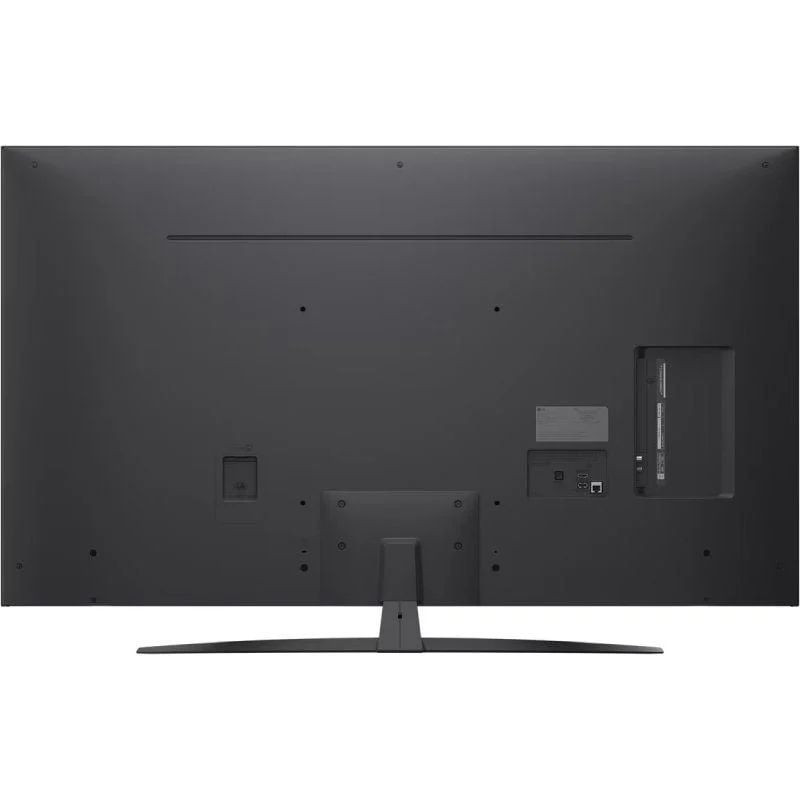 Parte trasera del LG 55NANO81A6A: TV 55" 4K NanoCell en negro, acabado mate, soporte central, puertos HDMI/USB laterales y traseros, gestión de cables.