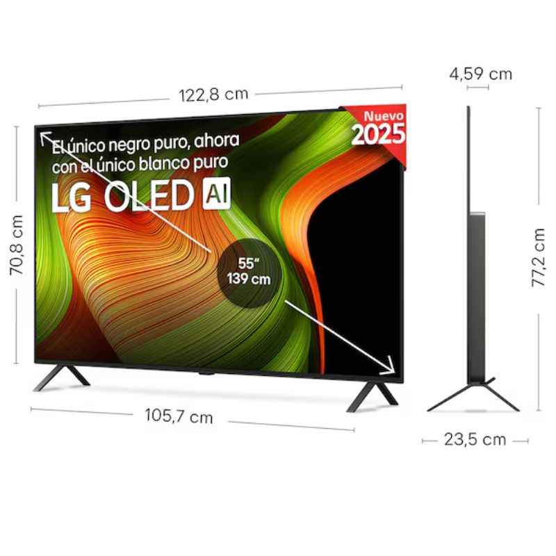 LG OLED65B56LA 65" 4K UHD OLED negro, marco delgado, perfil ultrafino 4,59 cm, peana doble, pantalla sin bordes con colores vivos y contraste profundo.
