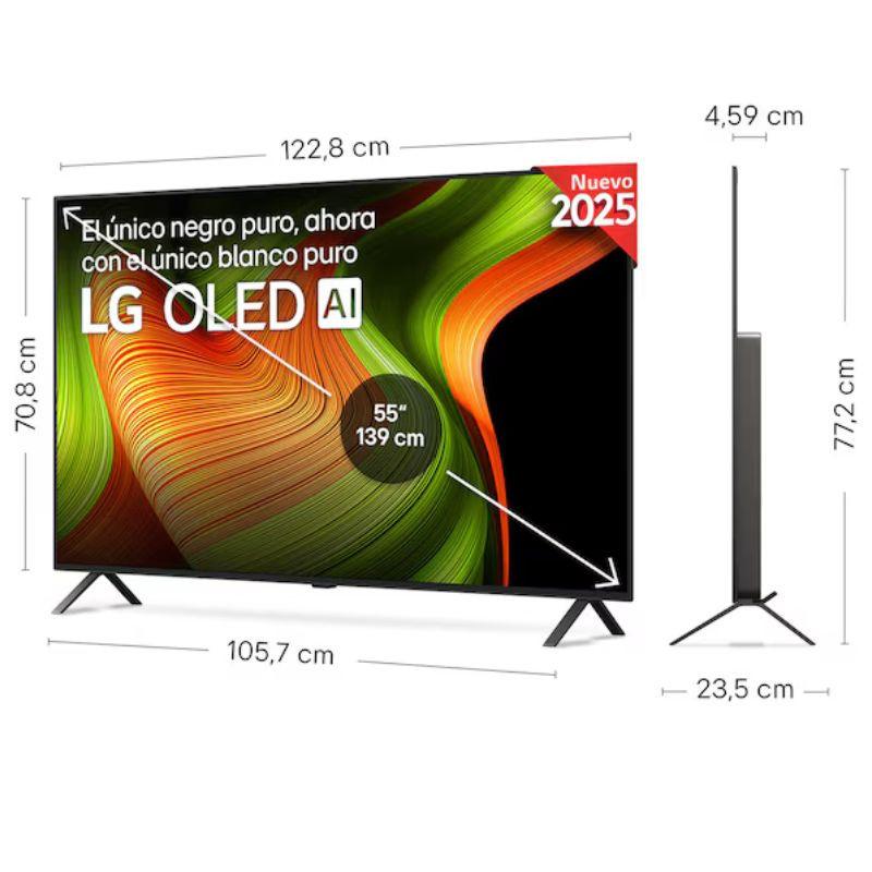 LG OLED65B56LA 65" 4K UHD OLED negro, marco delgado, perfil ultrafino 4,59 cm, peana doble, pantalla sin bordes con colores vivos y contraste profundo.