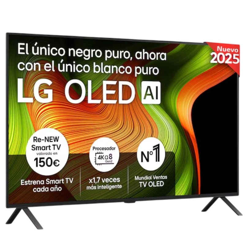 LG OLED65B56LA 65" 4K UHD: pantalla OLED negra con marcos finos, peana doble, colores intensos, contraste puro y diseño elegante para salón moderno.