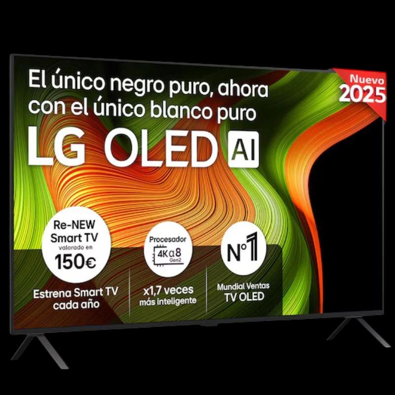 LG OLED65B56LA 65" 4K UHD: pantalla OLED negra con marcos finos, peana doble, colores intensos, contraste puro y diseño elegante para salón moderno.