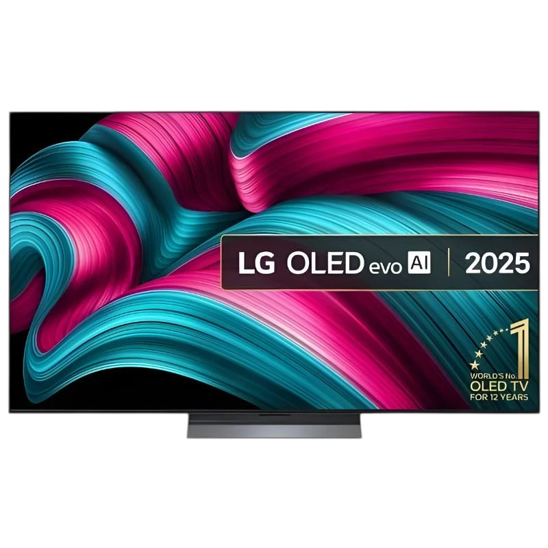 LG OLED65C54LA 65" 4K UHD, tela OLED fina em preto com molduras mínimas, base central discreta, destaque “OLED evo AI 2025” no painel frontal