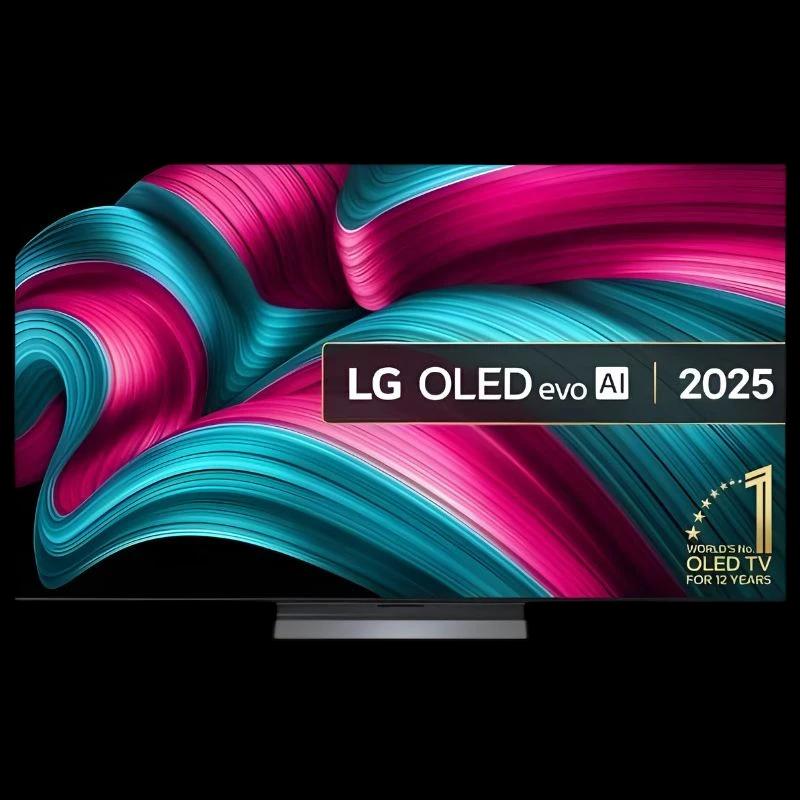 LG OLED65C54LA 65" 4K UHD OLED noir, écran bord mince, dalle OLED evo AI 2025, couleurs vives et noirs profonds, design élégant sur pied central