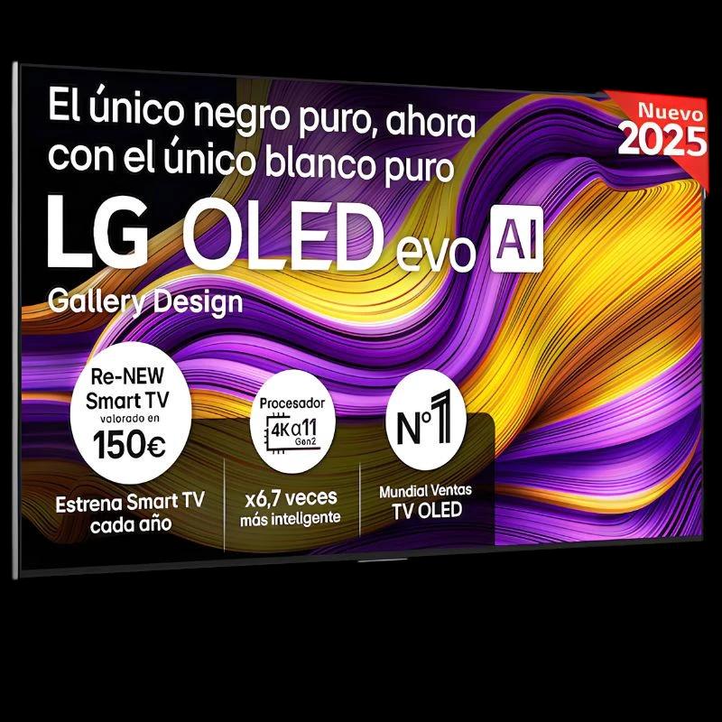 LG OLED65G54LW 65" 4K UHD OLED noir, cadre fin Gallery Design, écran plat bord à bord, contraste profond, couleurs vives, marquage “OLED evo AI 2025”.