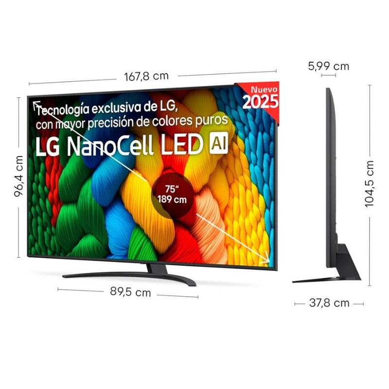 LG 75NANO81A6A 75" 4K Ultra HD NanoCell Smart TV Negro, medidas en cm de la pantalla, vista frontal y lateral