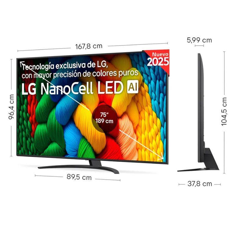 LG 75NANO81A6A 75" 4K Ultra HD NanoCell Smart TV Negro, medidas en cm de la pantalla, vista frontal y lateral