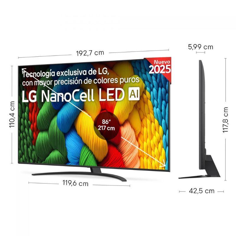 LG 86NANO81A6A 86" NanoCell 4K Ultra HD Smart TV Noir, dimensions de l'écran en cm, vue de face et de profil