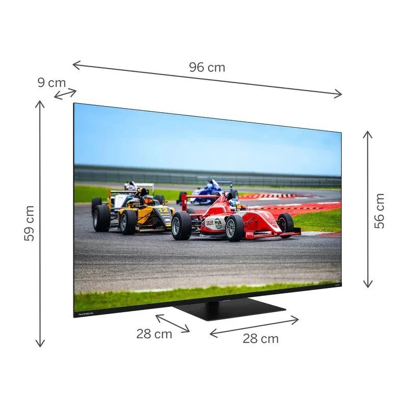 Thomson 43QG7C14 TV 43 pulgadas QLED 4K Ultra HD en color negro, pantalla casi sin bordes, base central estable y conectividad Wi‑Fi. Dimensiones: 96×59×28