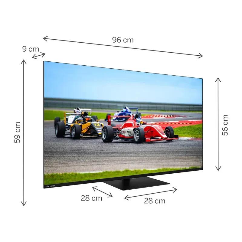 Thomson 43QG7C14 TV 43 pulgadas QLED 4K Ultra HD en color negro, pantalla casi sin bordes, base central estable y conectividad Wi‑Fi. Dimensiones: 96×59×28