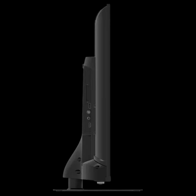 Perfil lateral del Thomson 43QG7C14: pantalla QLED 43 pulgadas ultrafina, bisel mínimo, acabado negro, puertos laterales accesibles y base estable elegante