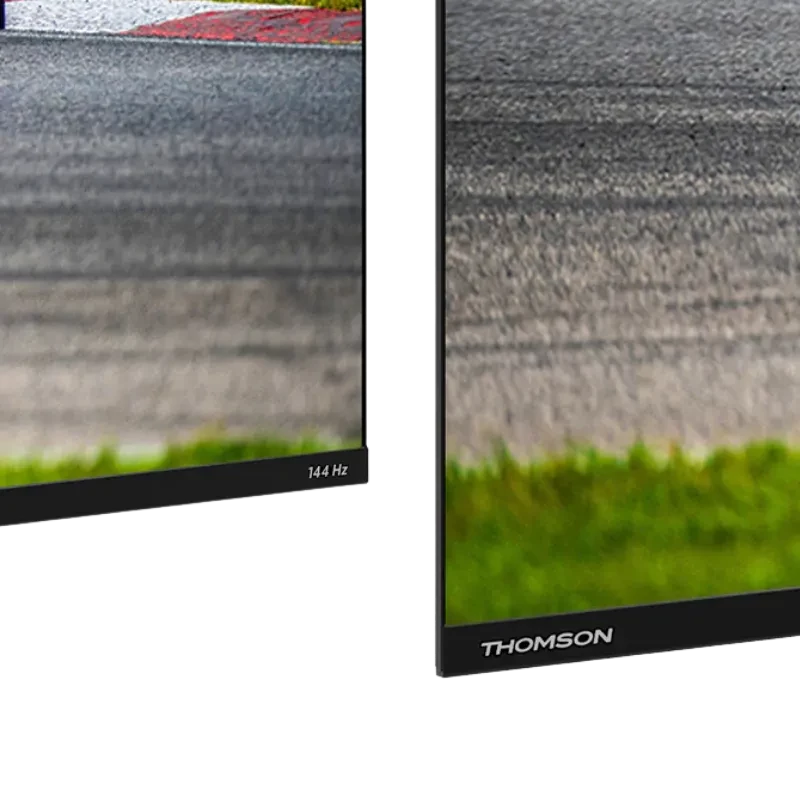 Borde inferior y marco del Thomson 43QG7C14 en negro, biseles delgados, detalle 144 Hz impreso, diseño QLED elegante para pantalla 43 pulgadas 4K Ultra HD