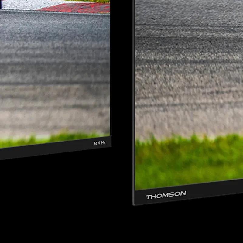 Borde inferior y marco del Thomson 43QG7C14 en negro, biseles delgados, detalle 144 Hz impreso, diseño QLED elegante para pantalla 43 pulgadas 4K Ultra HD