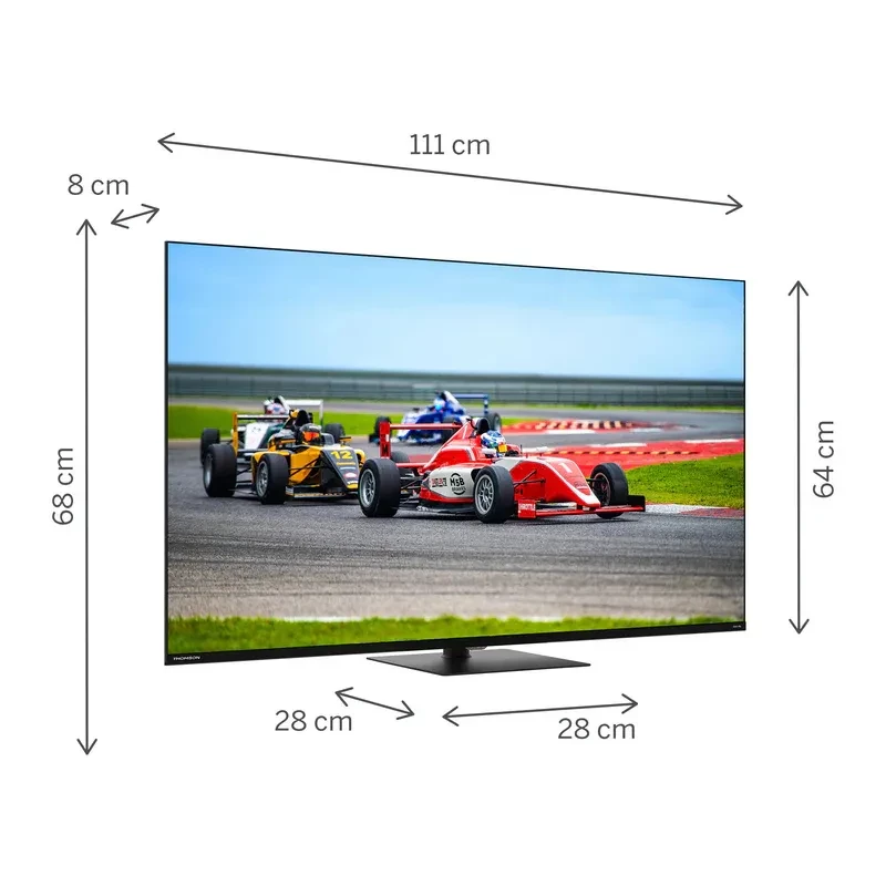 Thomson 50QG7C14 50 pulgadas QLED Pro 4K Ultra HD en color negro, pantalla casi sin bordes, base central estable, ideal para deportes y cine en casa