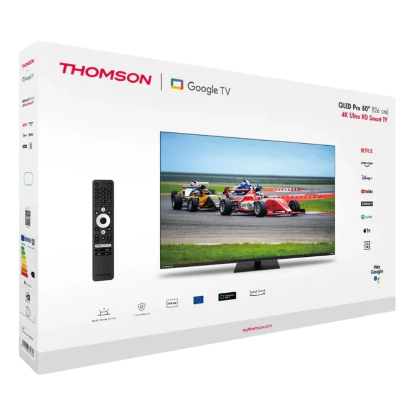 Caja de Thomson 50QG7C14 50 pulgadas QLED Pro 4K Ultra HD con Google TV, Wi‑Fi, control remoto incluido y apps como Netflix, diseño en color negro