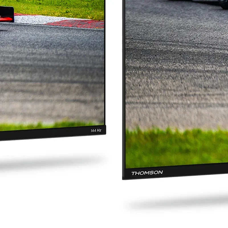 Bisel del Thomson 55QG7C14 en color negro con marco delgado y acabado elegante, detalle de etiqueta 144 Hz ideal para escenas rápidas en 4K QLED Pro