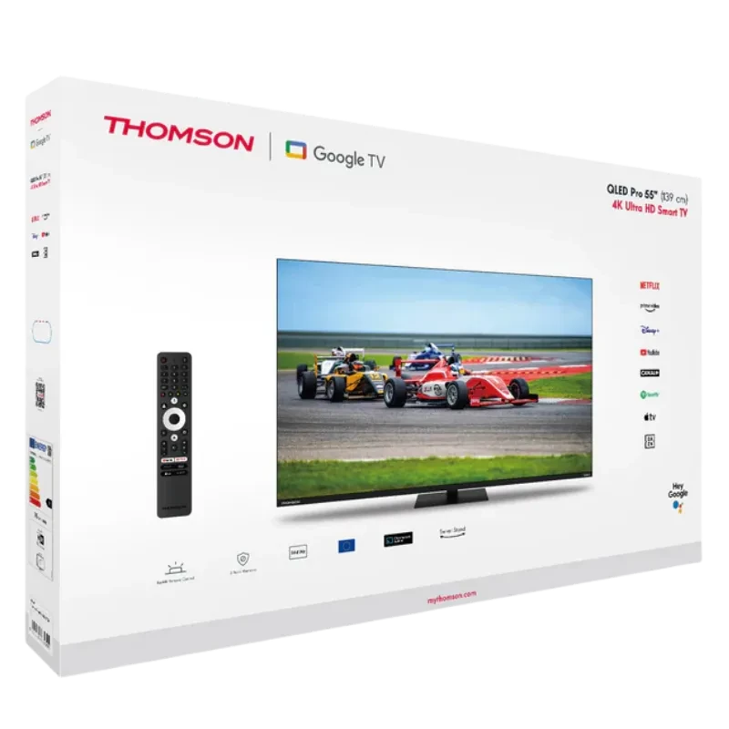 Caja del Thomson 55QG7C14 55 pulgadas 4K Ultra HD QLED Pro con Google TV, mando a distancia incluido, diseño negro y bordes finos