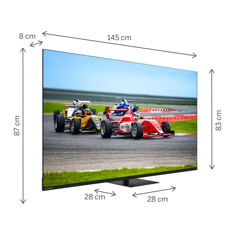 Thomson 65QG7C14 65 4K Ultra HD QLED Pro, tela fina quase sem bordas, base central preta 28 cm, 145x83x8 cm, cores vibrantes e alto contraste Wi‑Fi Smart TV