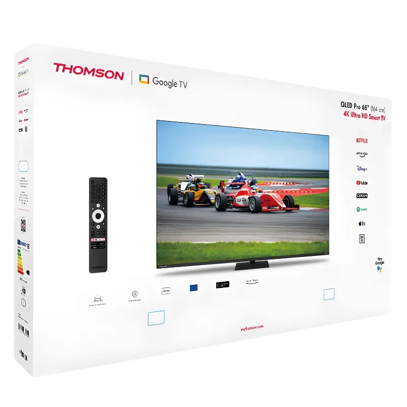 Thomson 65QG7C14 65 polegadas QLED Pro 4K Ultra HD preta com Google TV, Wi‑Fi, bordas finas, base central e controle remoto incluso