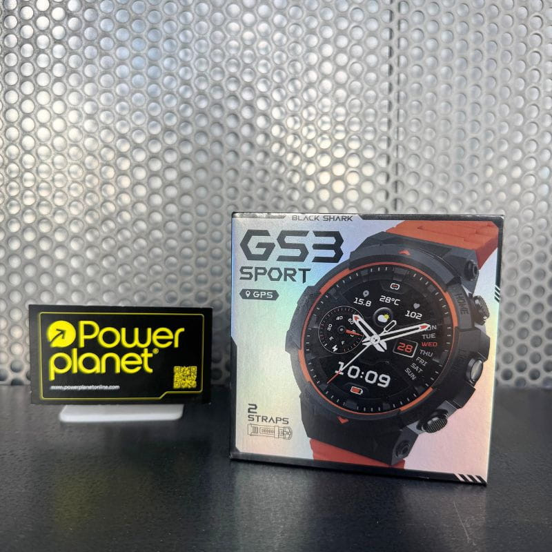 Black Shark GS3 Sport Negro en caja: smartwatch con bisel robusto, pantalla circular con esferas deportivas, detalles naranjas y GPS destacado en el empaque
