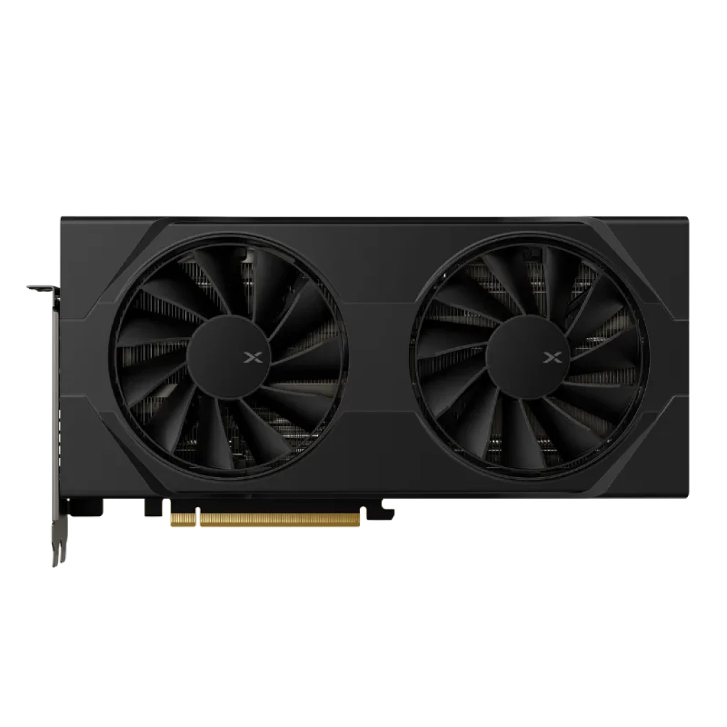 XFX RX-96TSW16BQ AMD Radeon RX 9060 XT 16 GB GDDR6 com carcaça preta, duas ventoinhas grandes, design robusto e conector PCIe dourado
