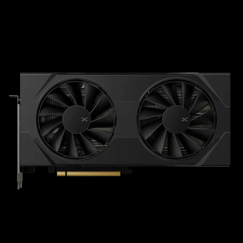 XFX RX-96TSW16BQ AMD Radeon RX 9060 XT 16 GB GDDR6 com carcaça preta, duas ventoinhas grandes, design robusto e conector PCIe dourado
