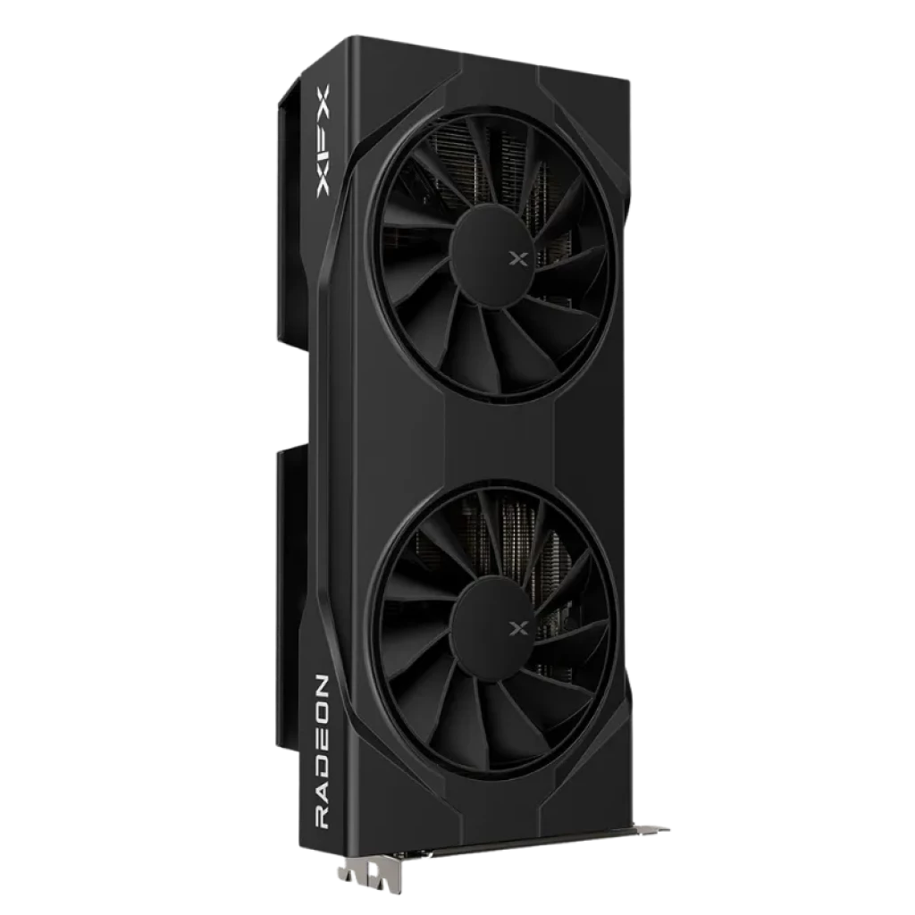 Placa de vídeo XFX RX-96TSW16BQ Radeon RX 9060 XT 16 GB GDDR6 com duas ventoinhas grandes, design preto robusto e carenagem minimalista com logo XFX