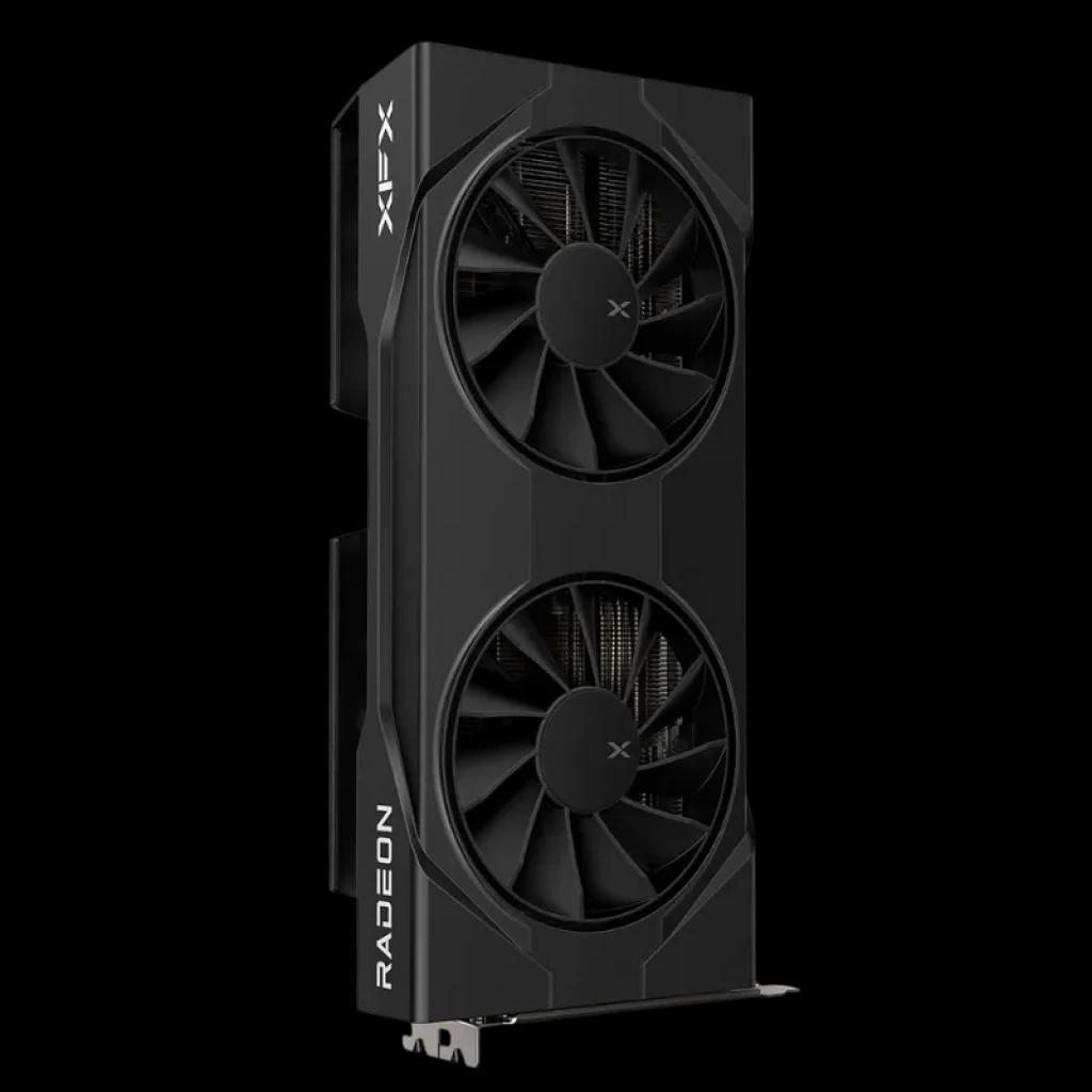 Placa de vídeo XFX RX-96TSW16BQ Radeon RX 9060 XT 16 GB GDDR6 com duas ventoinhas grandes, design preto robusto e carenagem minimalista com logo XFX