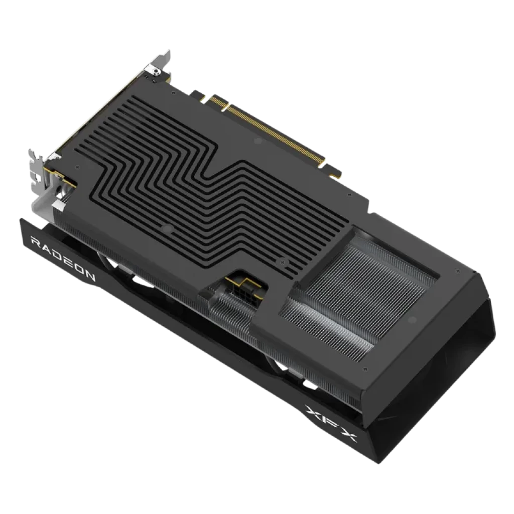 XFX RX-96TSW16BQ Radeon RX 9060 XT 16 GB GDDR6 com backplate preto, aletas de dissipação expostas, design robusto, conector PCIe e acabamento premium