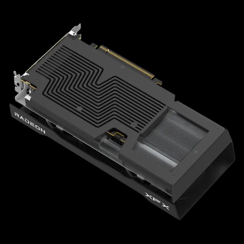 XFX RX-96TSW16BQ Radeon RX 9060 XT 16 GB GDDR6 com backplate preto, aletas de dissipação expostas, design robusto, conector PCIe e acabamento premium