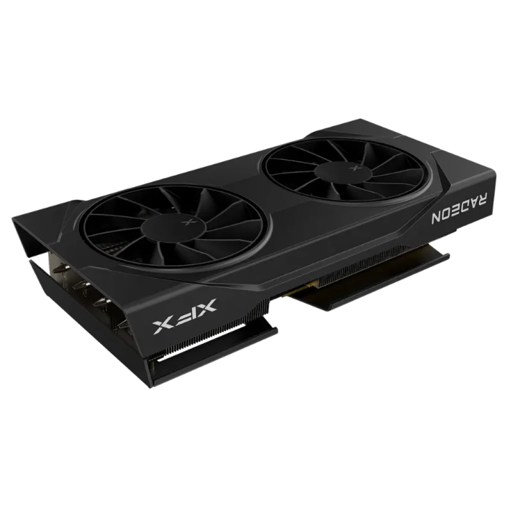 XFX RX-96TSW16BQ Radeon RX 9060 XT 16 GB GDDR6 com design preto, dois coolers grandes, carcaça robusta e backplate, ideal para PCs gamer