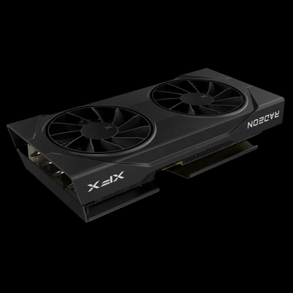 XFX RX-96TSW16BQ Radeon RX 9060 XT 16 GB GDDR6 com design preto, dois coolers grandes, carcaça robusta e backplate, ideal para PCs gamer