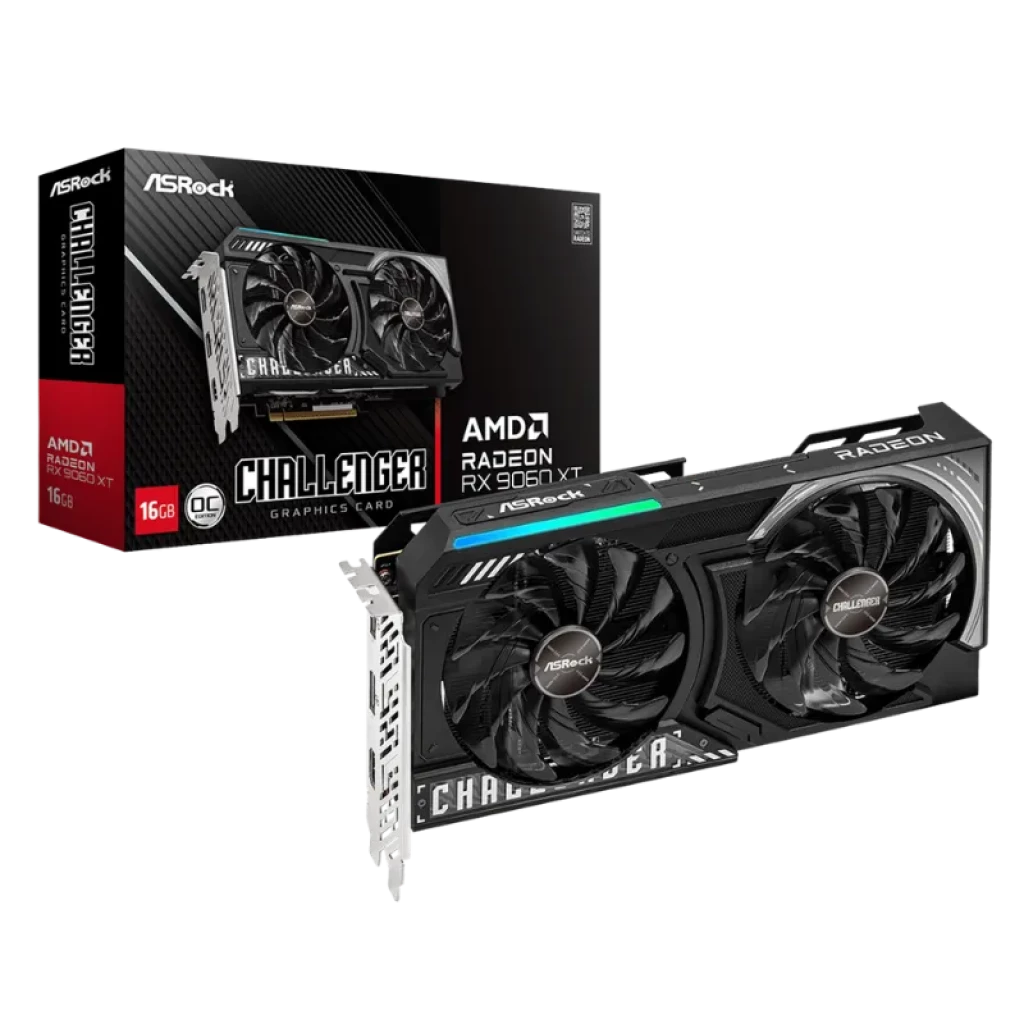 Asrock AMD Radeon Challenger RX 9060 XT 16GB OC GDDR6 con doble ventilador, diseño negro con acentos verdes y backplate blanco perforado