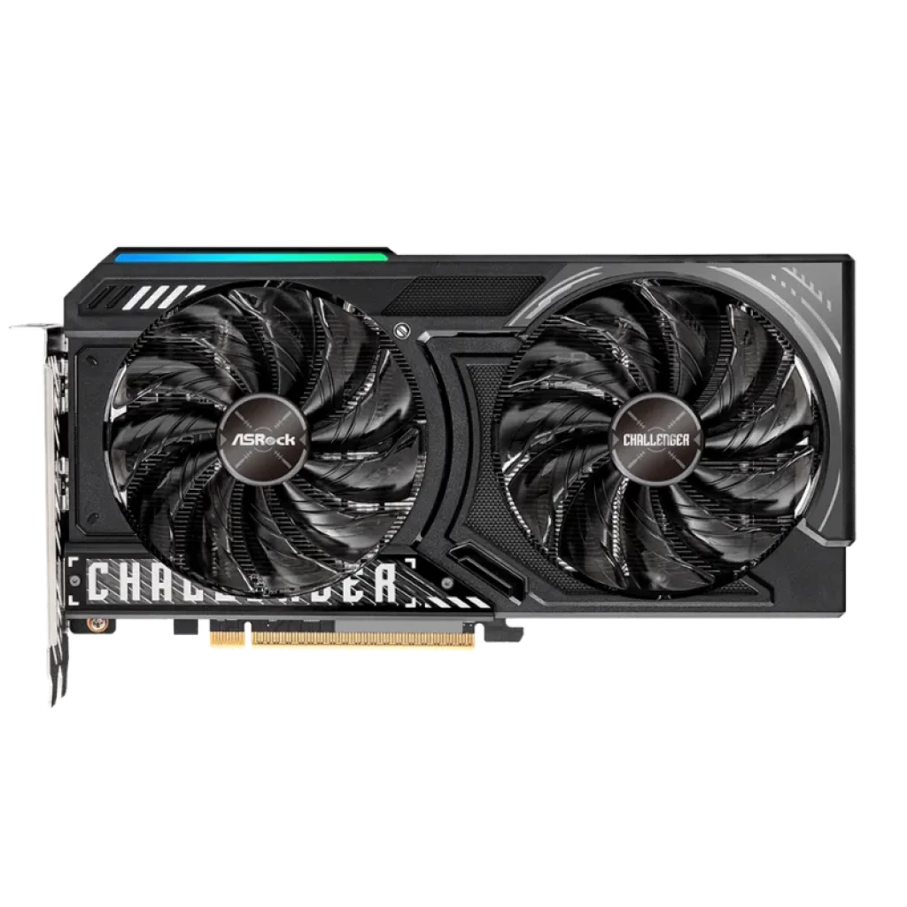 Asrock AMD Radeon Challenger RX 9060 XT 16GB OC GDDR6 con doble ventilador, diseño negro con detalles plateados, backplate robusto y conector PCIe dorado